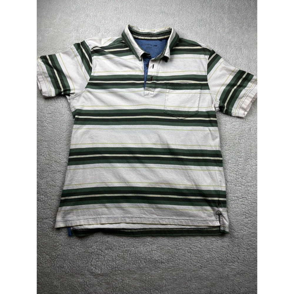 Toad & Co Polo Shirt Mens Large Collared Short‎ Sleeve Stripes White Green